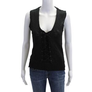 Roi Women Gothic Black V Neck Lace Up Sleeveless Tank 99% Cotton Size S